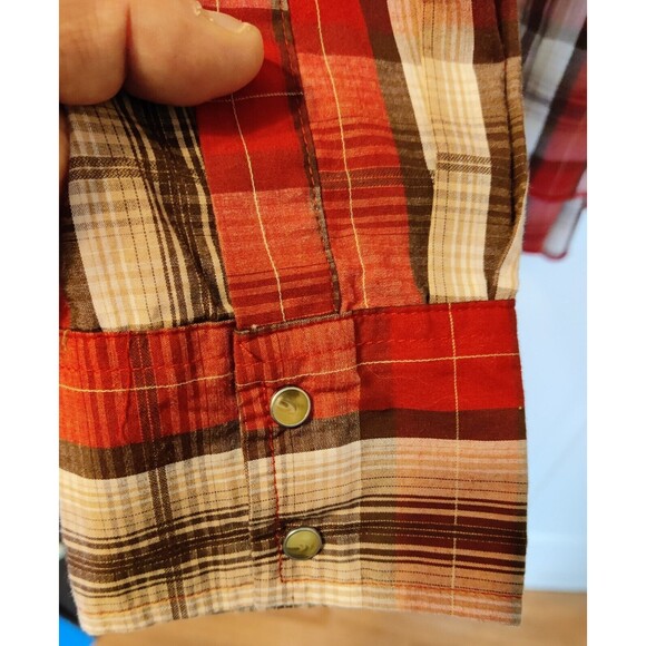 Vintage Men's Wrangler Red Tan Plaid Pearl Snap Long Sleeve Shirt - XL - Picture 4 of 10